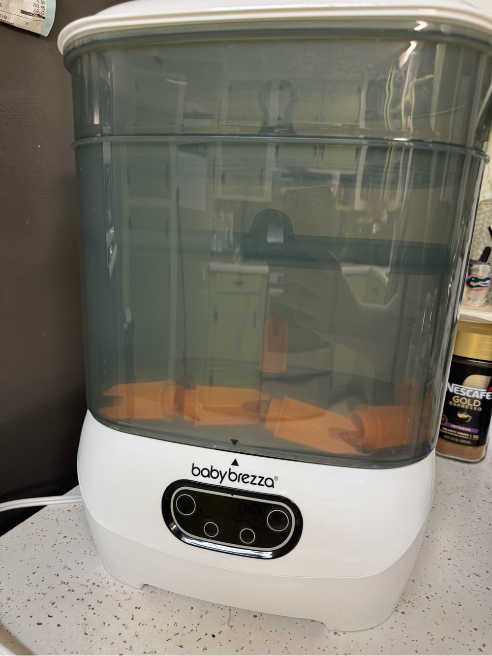 Baby Brezza Steam Sterilizer & Dryer in Gray with Orange Trays
